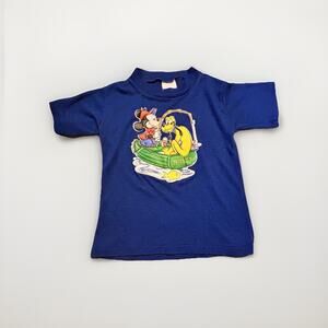 Vintage Disney Mickey Mouse Pluto Fishing T-Shirt Kids Cartoon Puff Print Size 8